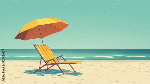 21.Colorful deck chair positioned under sunshade umbrella, smooth vector shading, calm seaside tones, minimalist composition, breezy summertime vibe.