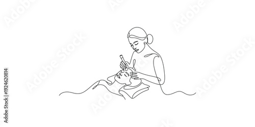 Continuous line drawing of a professional esthetician performing a facial treatment on a client.