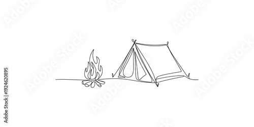 Minimalist line drawing of a camping scene featuring a classic a-frame tent next to a burning campfire.