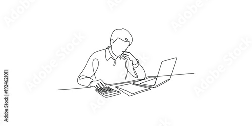 Minimalist line drawing of a person working at a desk with a laptop and a calculator