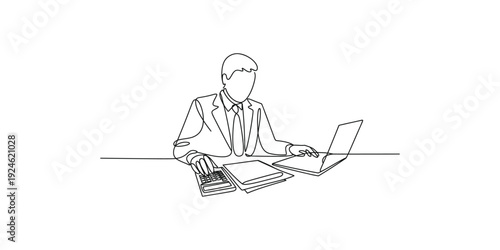 Businessman working at his office desk with a laptop and calculator in a minimalist line art style.