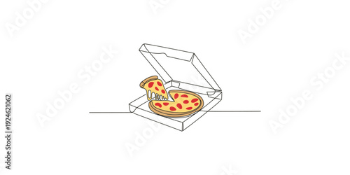 Minimalist sketch of a pepperoni pizza in an open delivery box with one slice lifted up.
