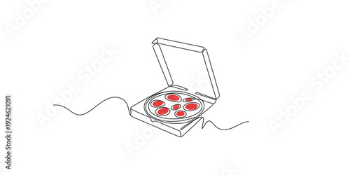 Continuous line drawing of a delicious pepperoni pizza in an open cardboard delivery box.