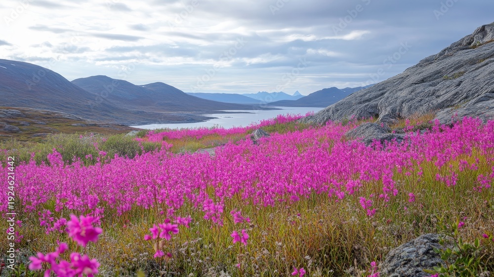 Obraz premium 31.Concept = Dwarf fireweed, local name Niviarsiaq, Greenland national flower. Drygalski Peninsula, Greenland
