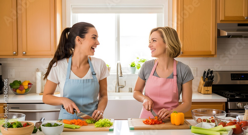 Best friends having fun and laughing loudly while chopping fresh vegetables in a bright modern kitchen