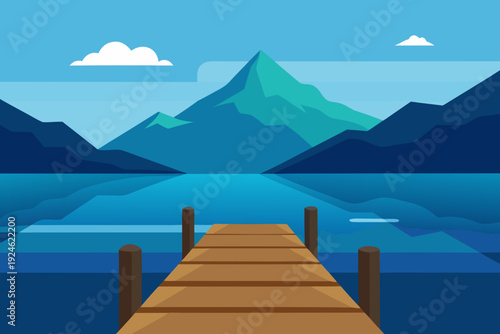 Summer Lake Dock with Wooden Pier and Mountain Background