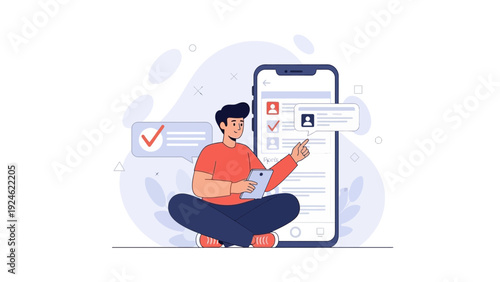 Man Using Mobile App for Online Survey or Quiz, Digital Checklist