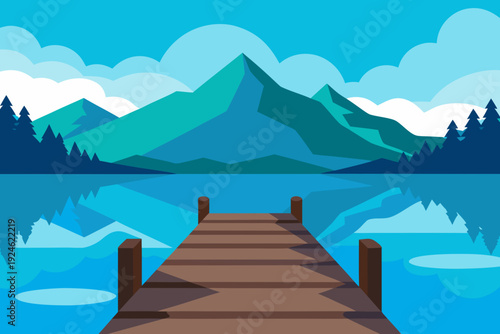  Summer Lake Dock with Wooden Pier and Mountain Background