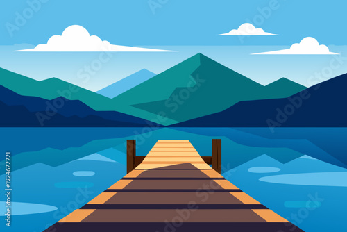  Summer Lake Dock with Wooden Pier and Mountain Background