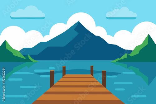  Summer Lake Dock with Wooden Pier and Mountain Background