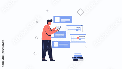 Man using tablet for planning and scheduling tasks on calendar, modern flat illustration