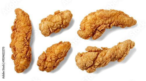 crispy golden brown fried chicken tenders on a clean white background, overhead shot for food photography.