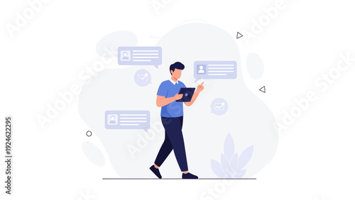 Man using tablet with chat bubbles and notifications, digital communication concept