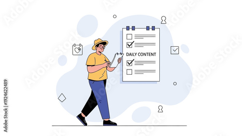 Man with Checklist, Daily Content Planning, Modern Flat Illustration