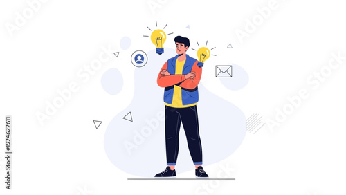 Man with Lightbulbs, Brainstorming, Innovation, Ideas, Solution, Strategy, Thinking