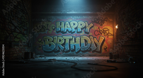 Happy Birthday Graffiti Art on Brick Wall in Urban Setting