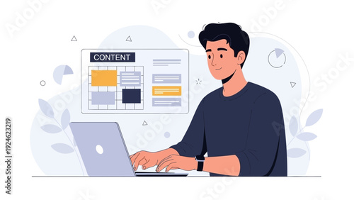 Man working on laptop with content strategy on screen