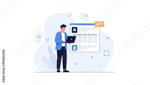 Man working on laptop with digital profile on screen, online resume, business concept