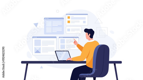 Man working on laptop with multiple browser windows, digital design concept