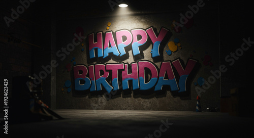 Colorful Happy Birthday Graffiti Art on a Dark Concrete Wall