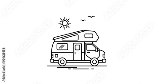 Minimalist Line Art of a Camper Van with Pop-Top Under the Sun