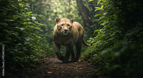 Lion Walking on Forest Path in Natural Habitat with Lush Greenery