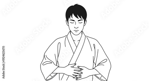 Man in Kimono Meditating with Closed Eyes, Zen Mindfulness Practice