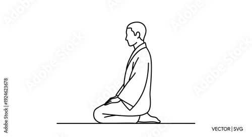 Man kneeling in traditional Japanese attire, serene meditation pose, minimalist line art