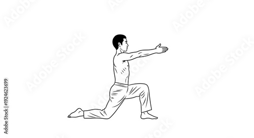 Man performing a lunge stretch with arms extended forward, fitness and exercise concept