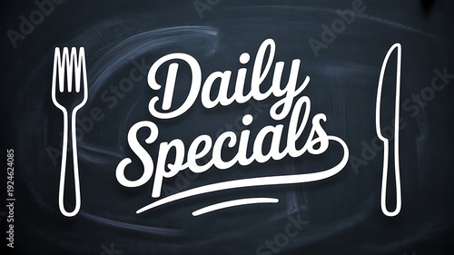 Daily specials restaurant menu text on chalkboard background with fork and knife illustration
