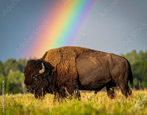 Majestic Bison Stands Proudly Beneath a Vibrant Rainbow in a Lush Meadow.