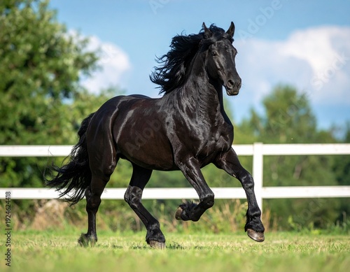 Majestic Black Horse Galloping Gracefully Across a Lush Green Meadow with White Fence.
