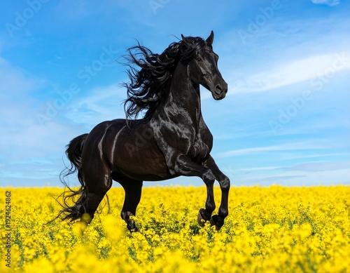 Majestic Black Horse Galloping Through a Vibrant Field of Yellow Flowers Under a Clear Blue Sky.
