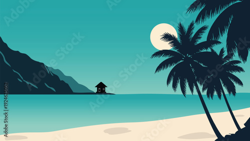 Minimalist Tropical Beach Night Landscape Illustration
