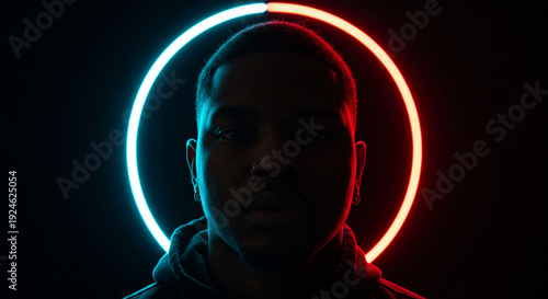 Man Portrait with Neon Lights Creative Dark Studio Atmosphere