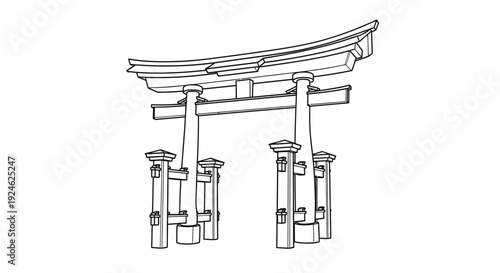 Japanese Torii Gate Outline Drawing - Traditional Shinto Shrine Entrance Arch