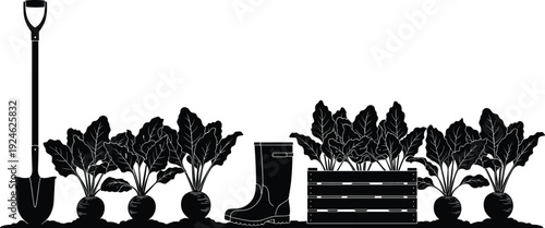 Black and white vector silhouette of a garden beet harvest with a shovel rubber boots and a wooden crate on a white background.