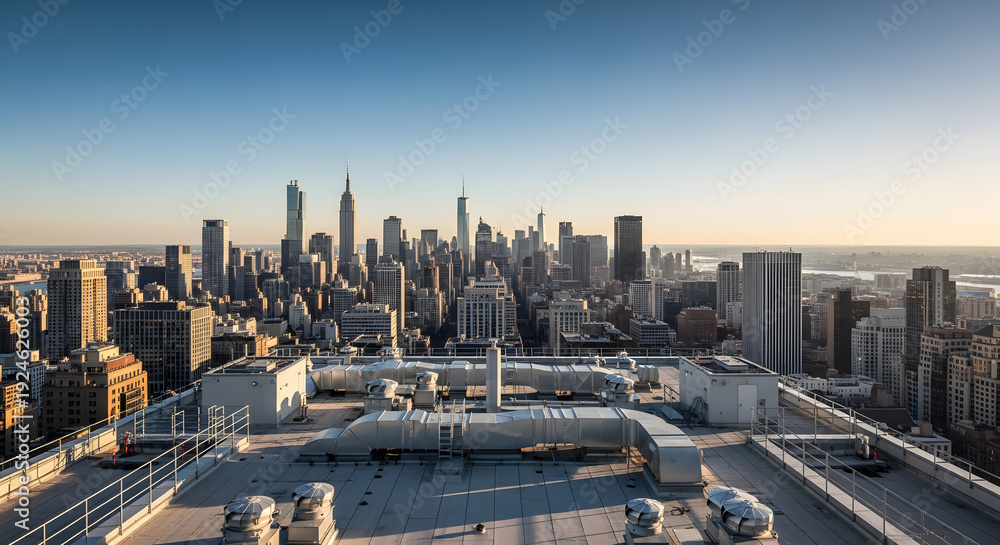 Fototapeta premium Panoramic View of the New York City Skyline from an Urban Roofto