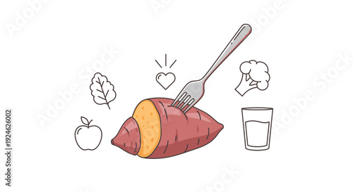 Healthy Sweet Potato with Fork, Apple, Broccoli, Greens, Heart, and Water - Diet Concept