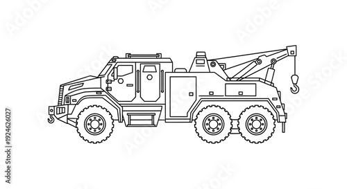 Heavy Duty Tow Truck Outline Vector Illustration - Industrial Vehicle for Recovery and Transport