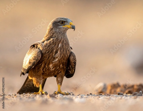 Majestic Black Kite Perched on Ground, Showcasing Detailed Feather Patterns and Intense Gaze.