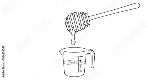 Honey dripping from dipper into measuring cup, sweet ingredient for cooking and baking