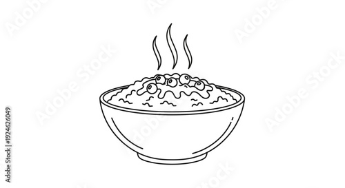 Hot Oatmeal Bowl with Berries and Steam - Line Art Illustration
