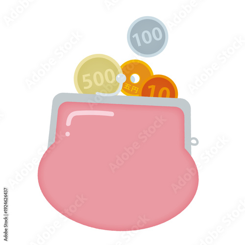 かわいいピンクのがま口と日本円コインが溢れるイラスト/ Cute pink purse overflowing with Japanese yen coins
