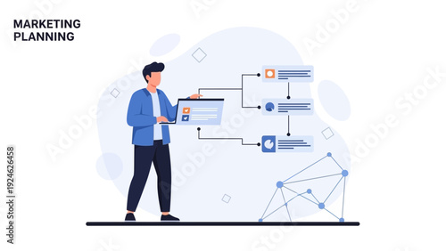 Businessman analyzing marketing strategy flowchart, business planning and analytics