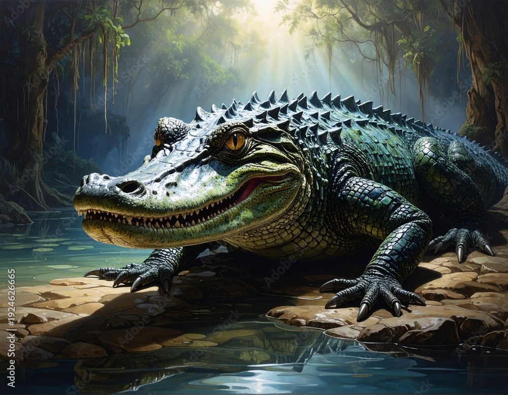 Fototapeta premium Majestic Alligator Resting on a Rocky Shore in a Lush, Green Swamp Environment.