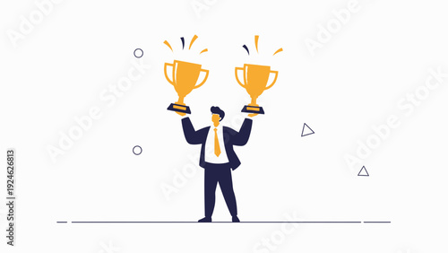 Businessman holding two golden trophies, symbolizing success and achievement