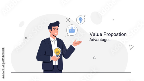 Businessman Holding Lightbulb, Presenting Value Proposition and Advantages