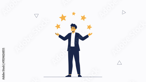 Businessman Juggling Golden Stars - Success, Goals, Achievement Concept