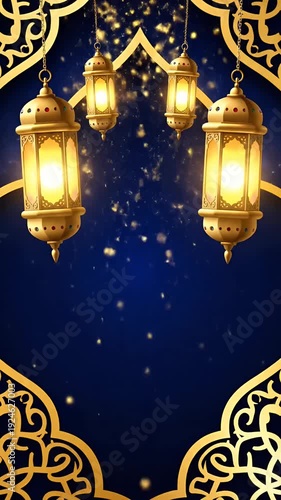 Golden Ramadan Lanterns on Dark Blue Background Festive Islamic Loop